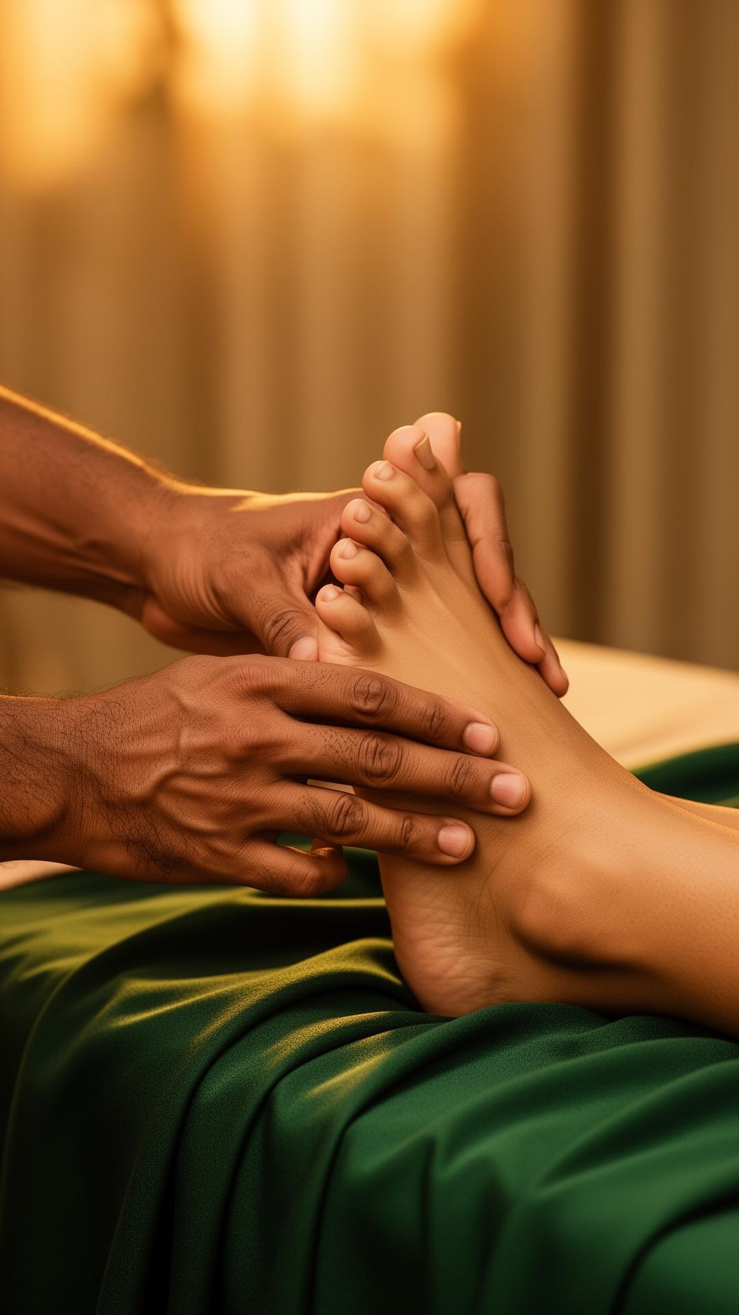 Skilled therapist hands giving a reflexology session